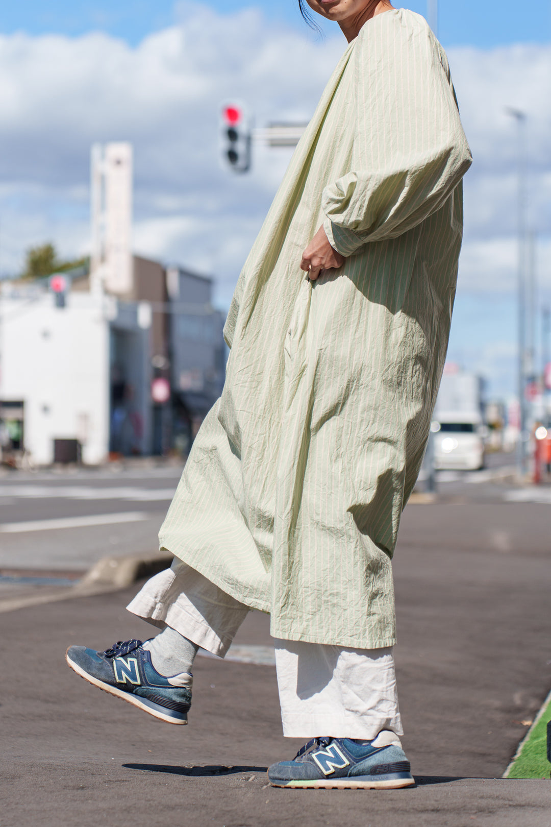 Fanaka ポプリンストライプAラインワンピースグリーン