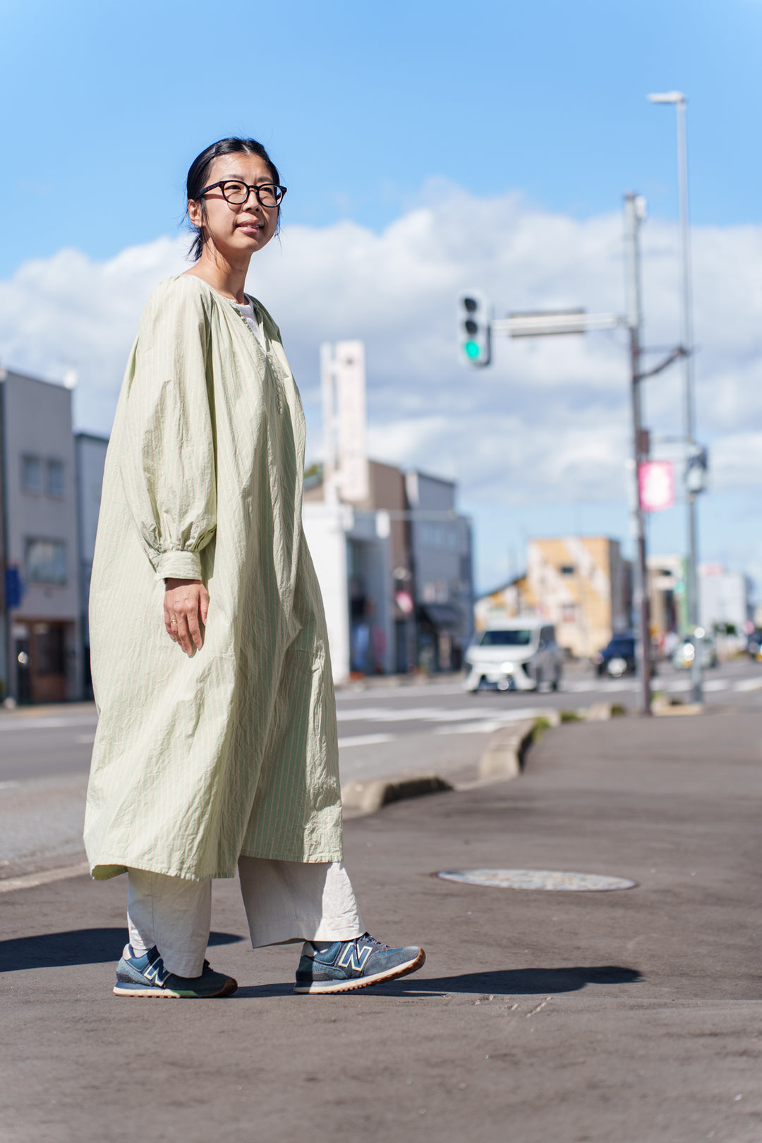 Fanaka ポプリンストライプAラインワンピースグリーン