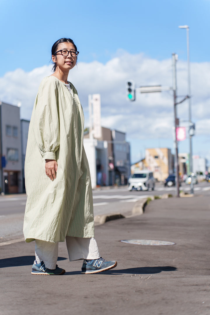 Fanaka ポプリンストライプAラインワンピースグリーン