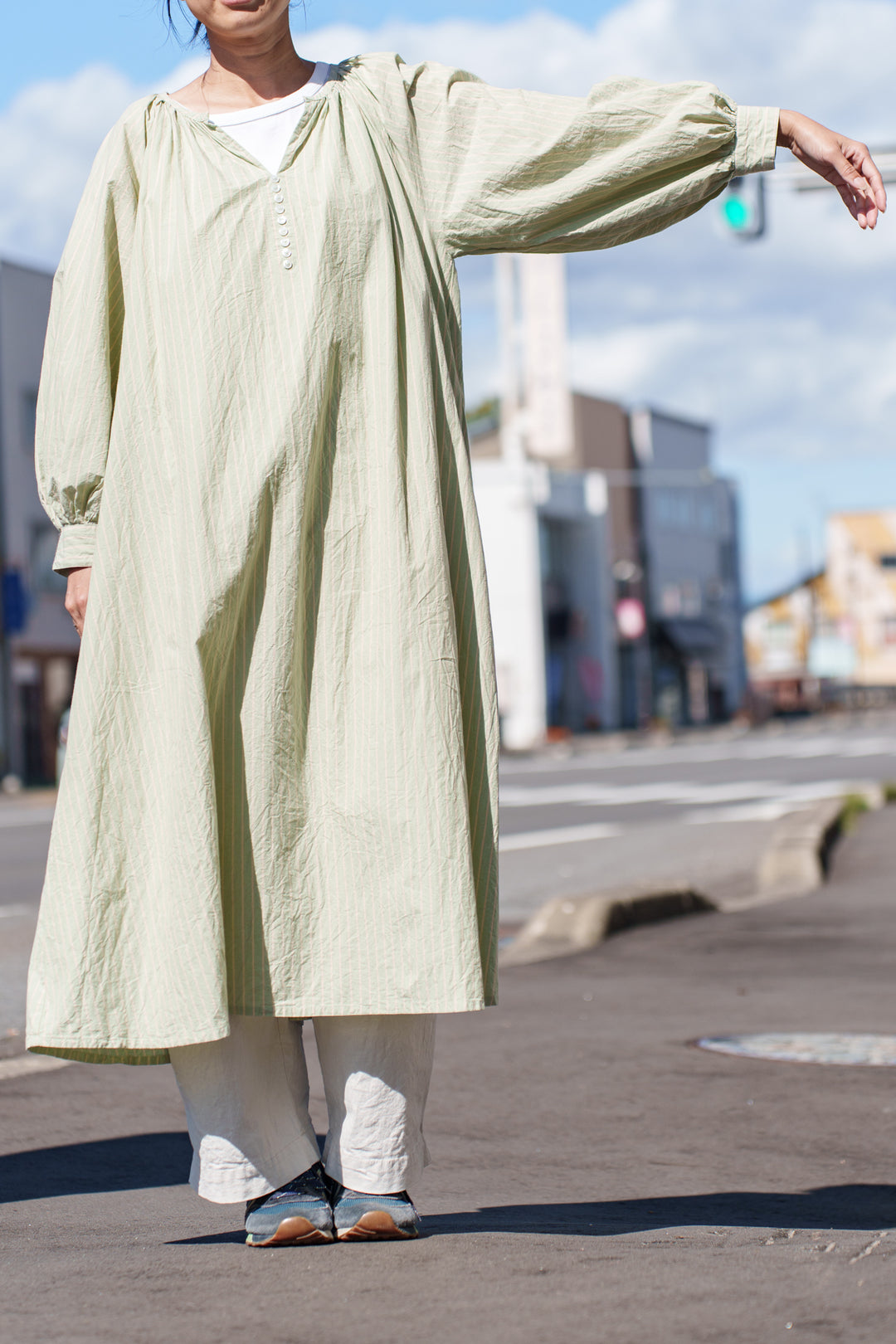 Fanaka ポプリンストライプAラインワンピースグリーン