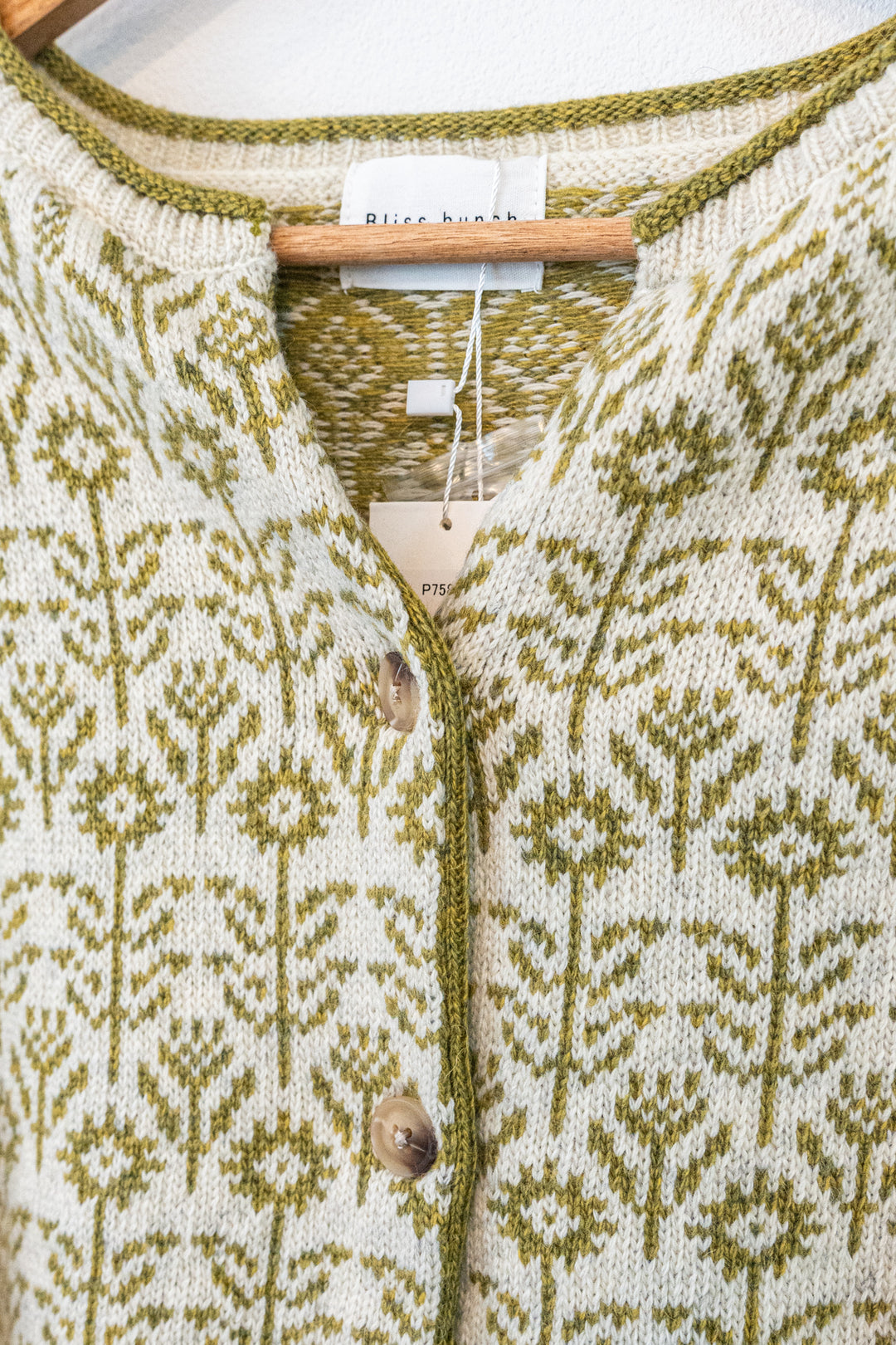 Bliss Bunch ラムナイロン花ジャガード スキッパークルーカーディガン