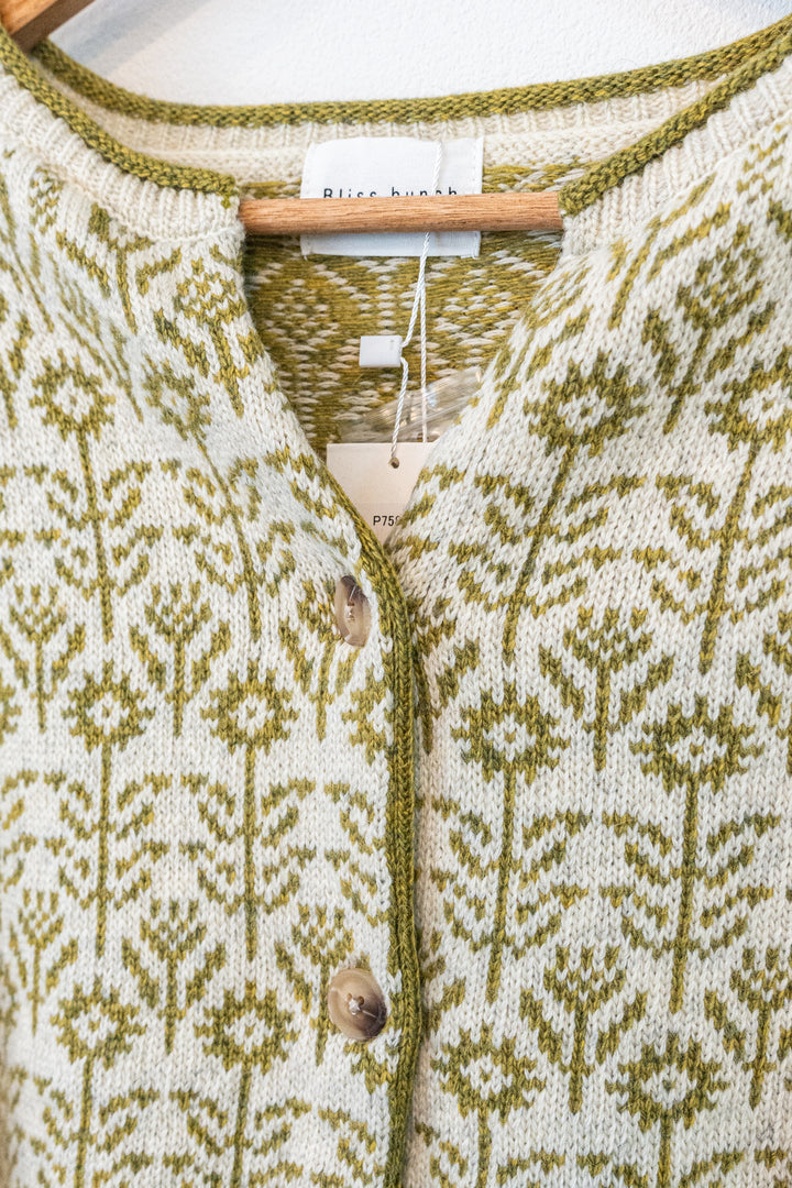 Bliss Bunch ラムナイロン花ジャガード スキッパークルーカーディガン